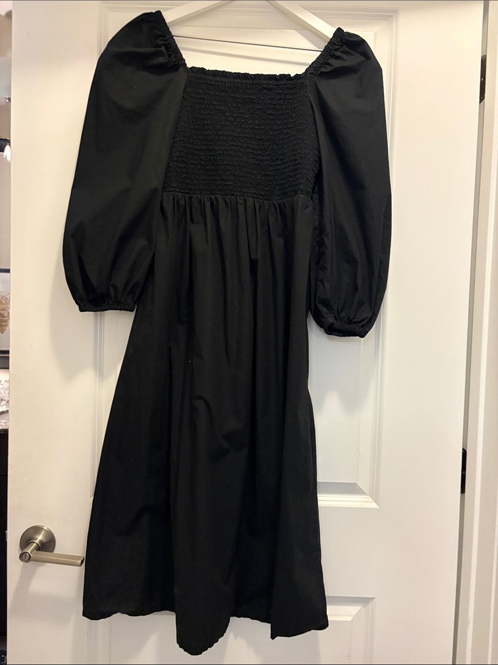 Black Smocked Square-Neck Midi Dress with Puff Sleeves